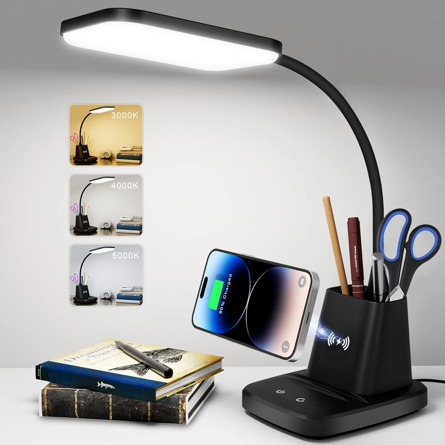 Desk Lamp, LED Desk Lamps for Home Office, Wireless Charger Small Desk